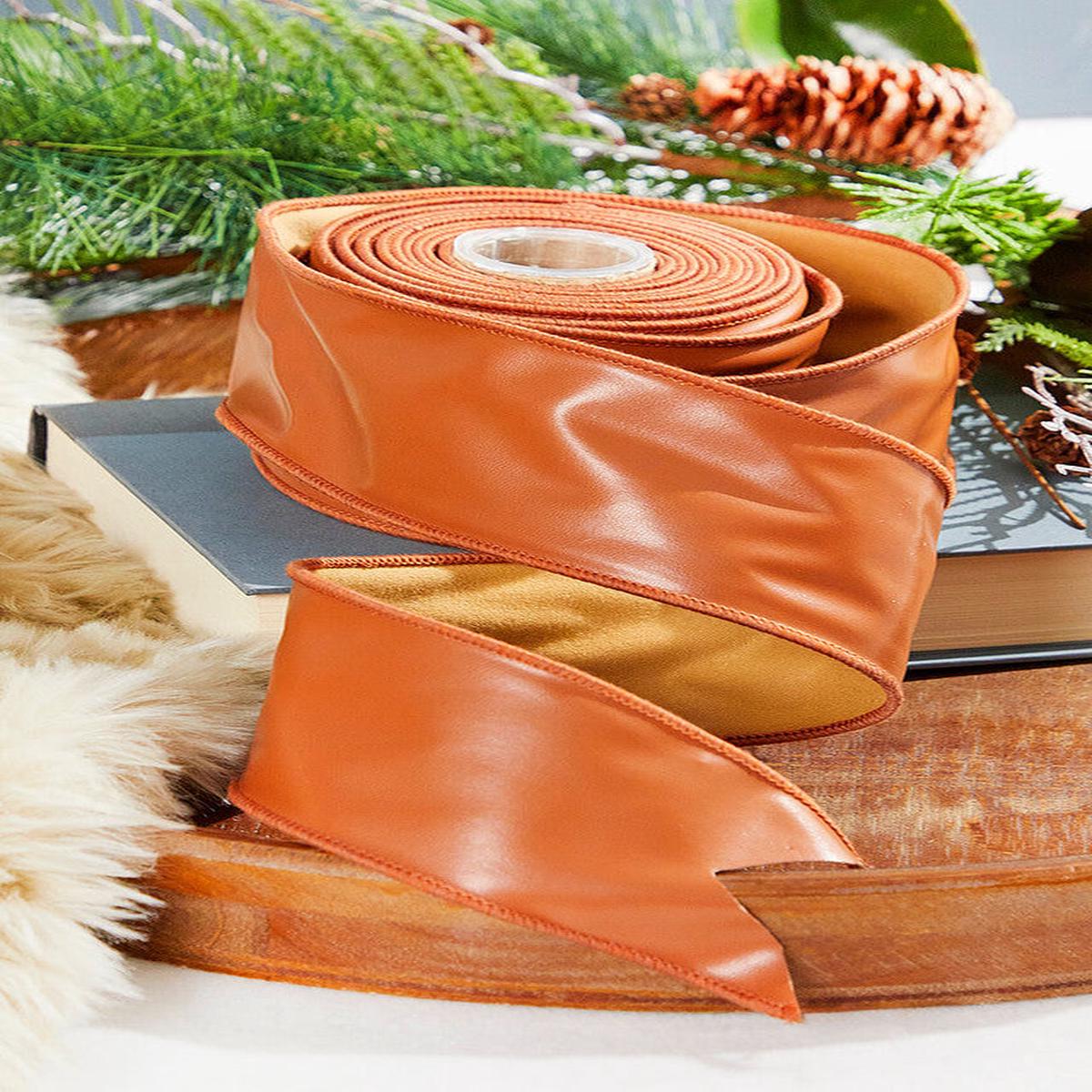 2.5 Inchi x 10 Yard Cognac Faux Leather Wired Ribbon Luxury Christmas Dcor Craft