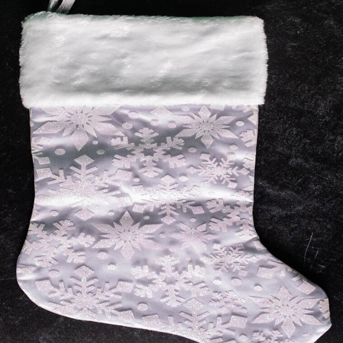 20 Inch White Snowflake Glitter Print on Sheer Organza Stocking
