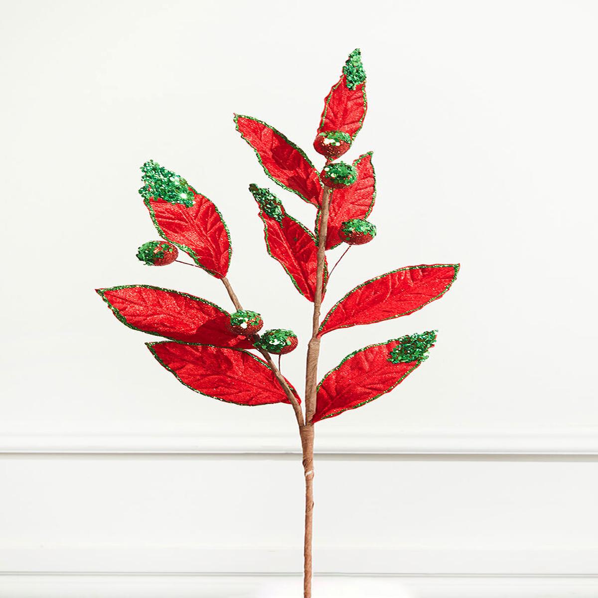 24 Inch Green and Red Velvet Glitter Leaf Stem