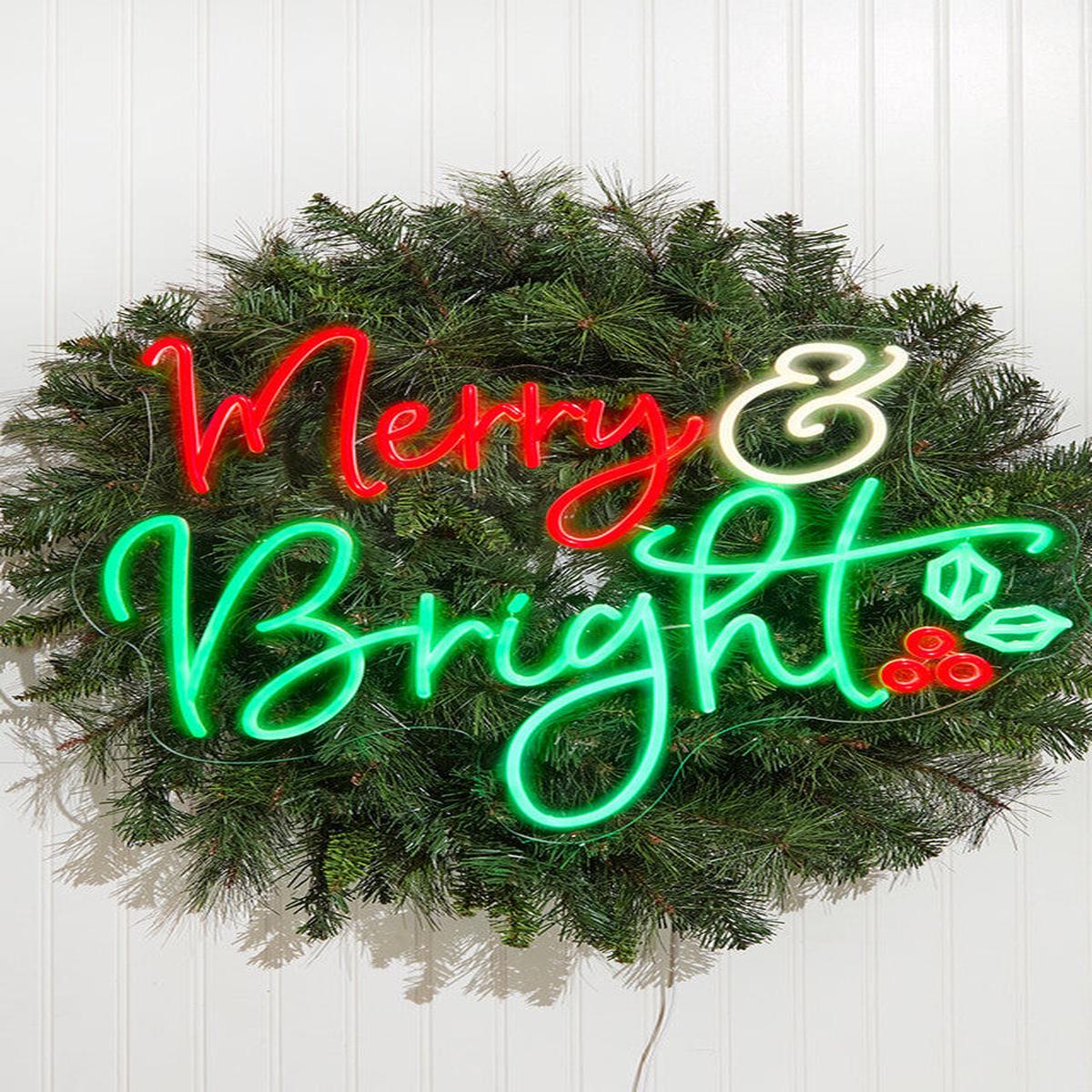 24 Inch Merry & Bright Lit Neon Sign Festive LED Holiday Wall Dcor