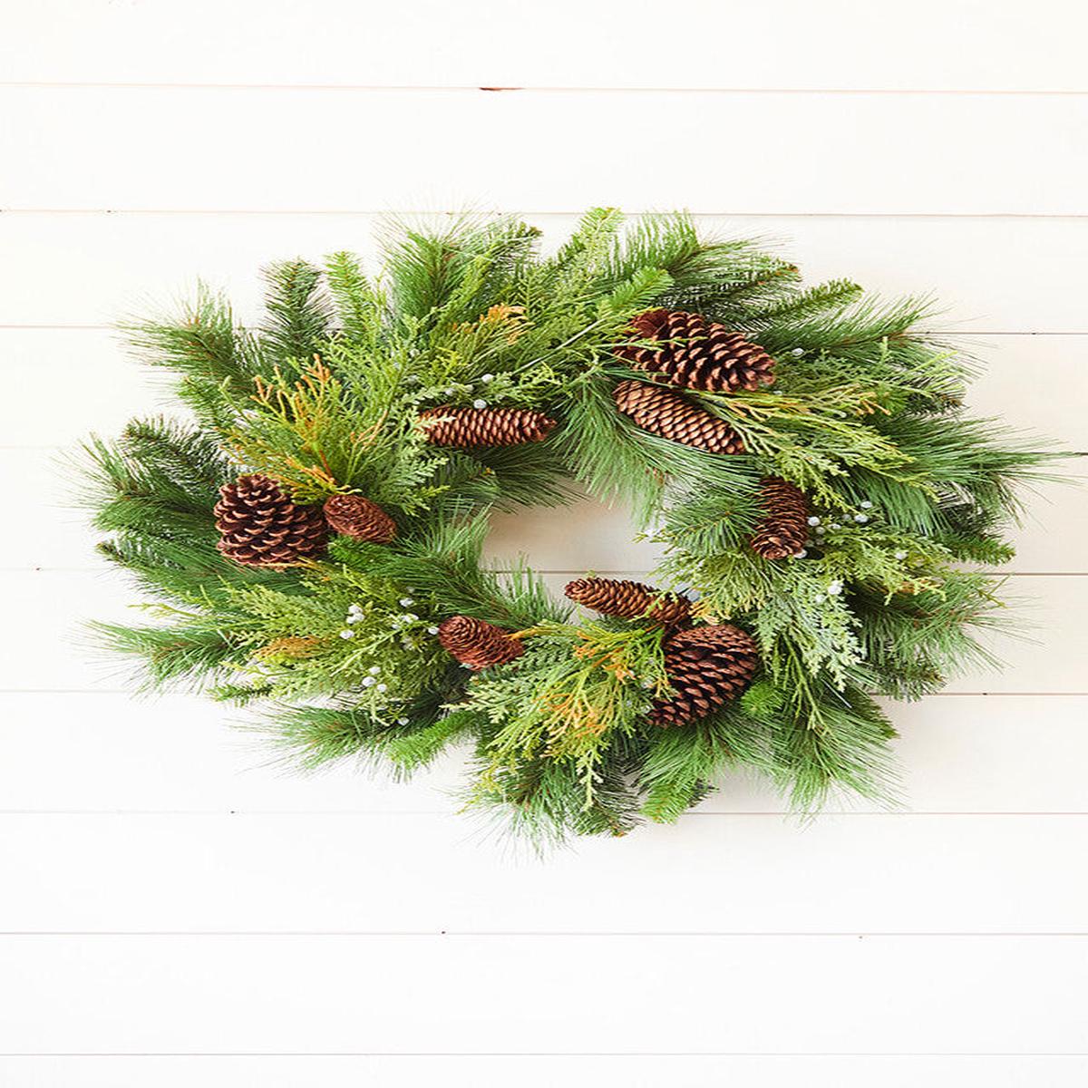 24 Inch Mixed Pine Christmas Wreath Rustic Pinecone Holiday Door Wall Hanging Artificial Evergreen Seasonal Decor