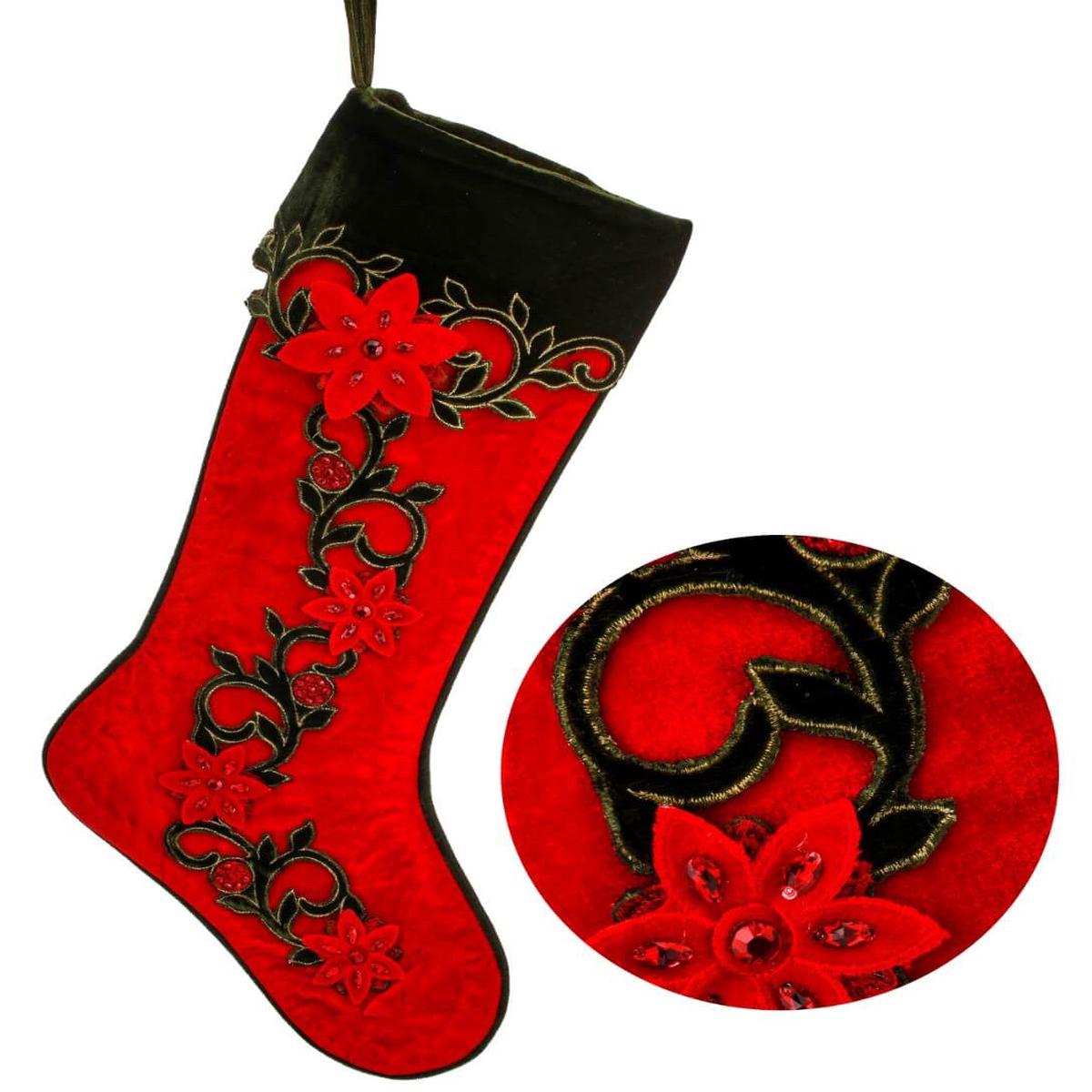 25 Inch Berry Vine Jewel Poinsettia Velvet Christmas Stocking Luxury Holiday Fireplace Decor