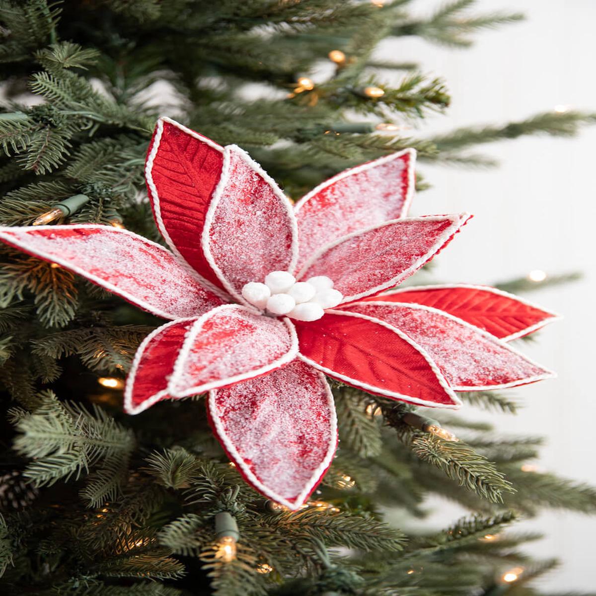 28 Inch x 12 Inch Frost Velvet Poinsettia Stem  Snow-Kissed Holiday Elegance for Festive Dcor
