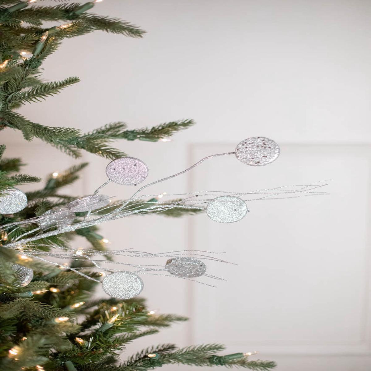 33 Inch Glitter Silver Dollar & Twig Spray  Silver Decorative Christmas Floral Pick