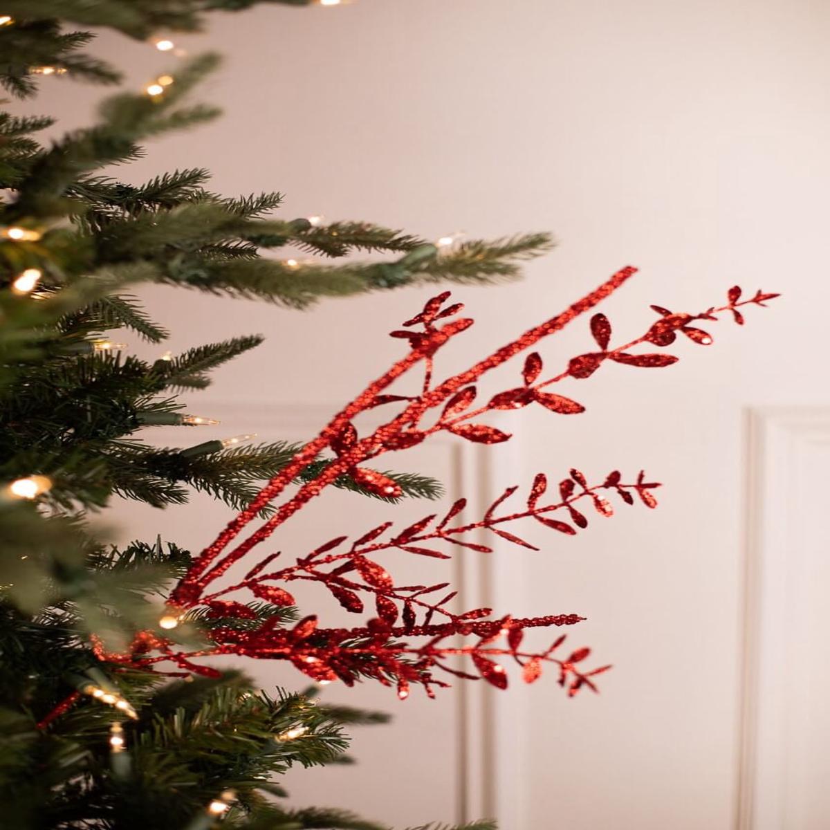 Red Glitter Boxwood Berry Stick Spray 29 Inch Christmas Decor
