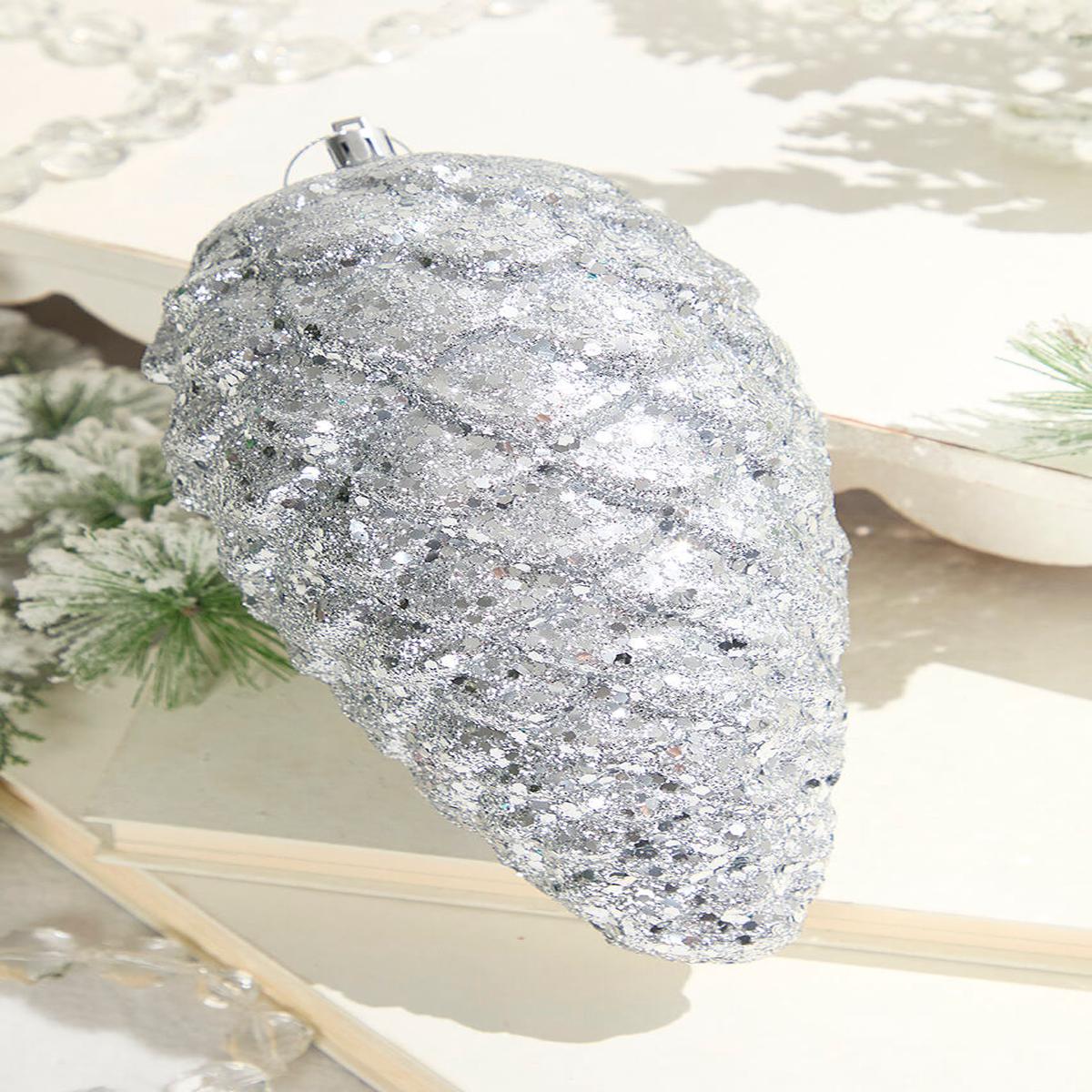 Silver Glitter Pine Cone Ornament 9 Inch Hanging Christmas Decor
