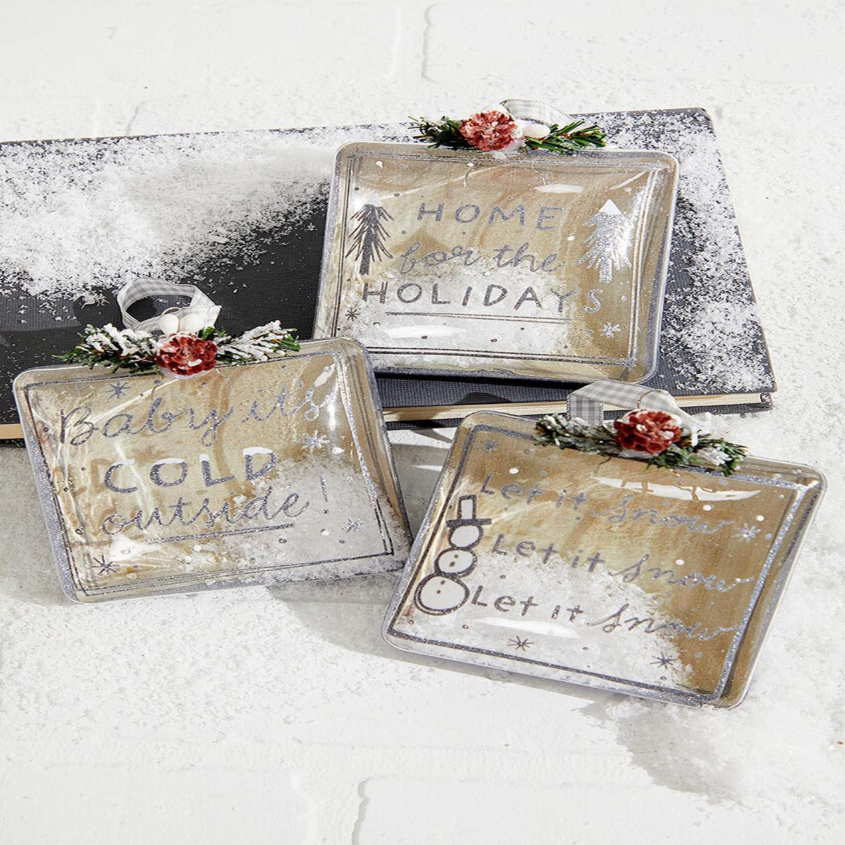 Square Text Glass Ornament 4 Inch Snow Filled Christmas Decor