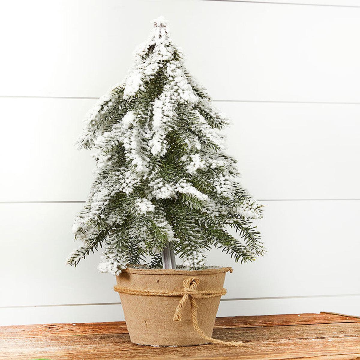 18-Inch Frosted Downswept Pine Burlap Pot Winter Tree Decor