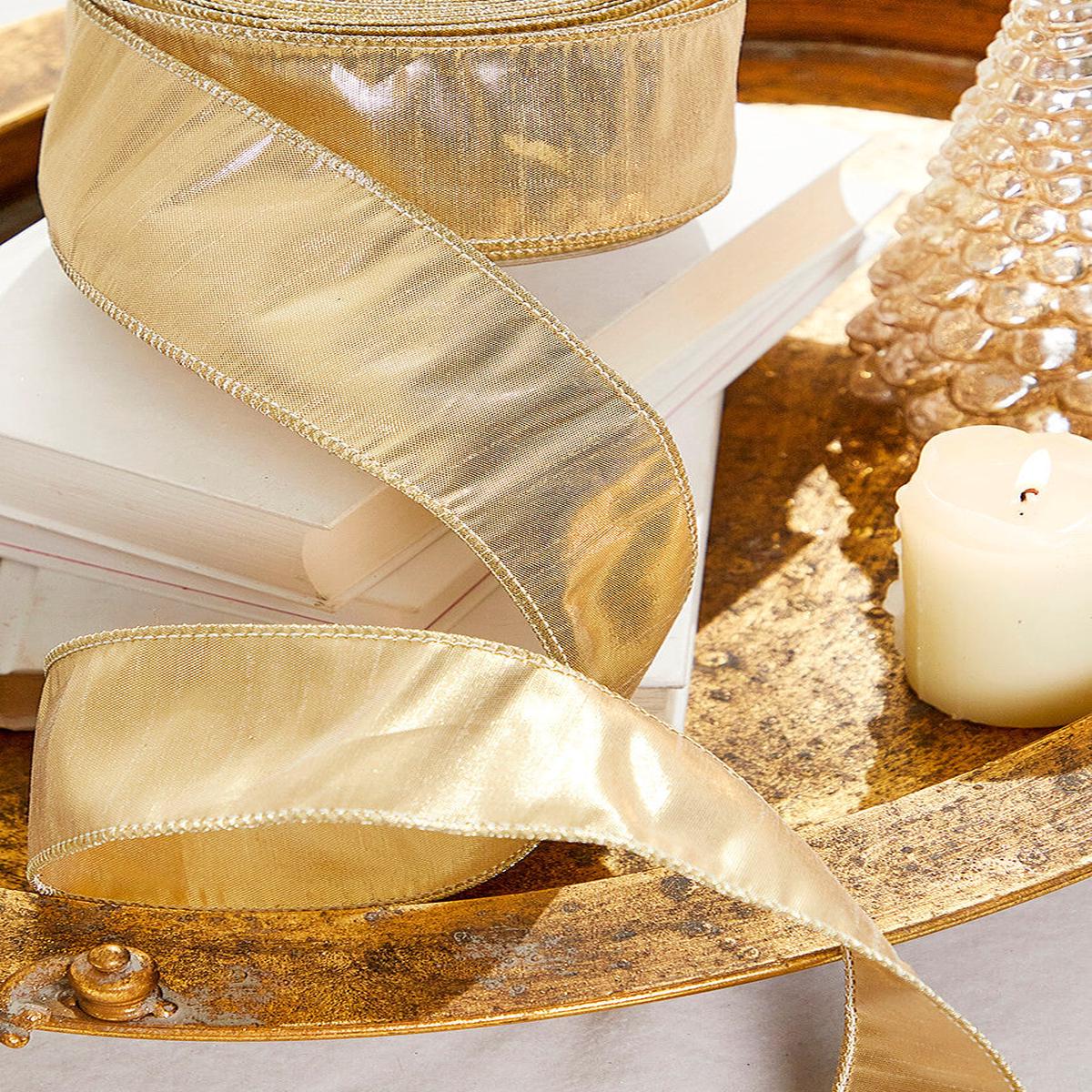 2.5-Inch Gold Metallic Dupioni Wired Ribbon 10 Yard Luxe