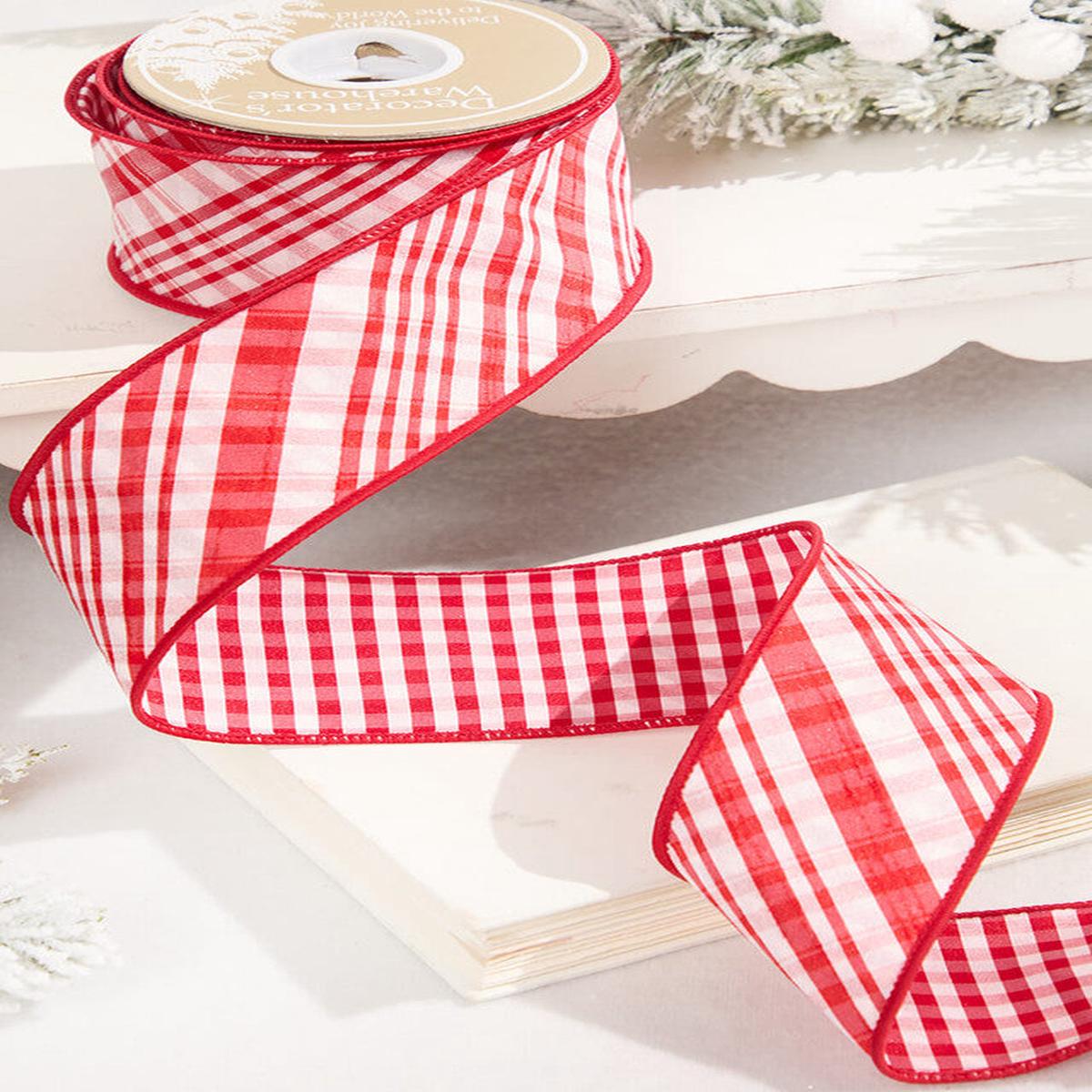 2.5 Inchi x 10 Yard Double Sided Red & White Gingham Diagonal Plaid Wired Ribbon Festive Craft Dcor