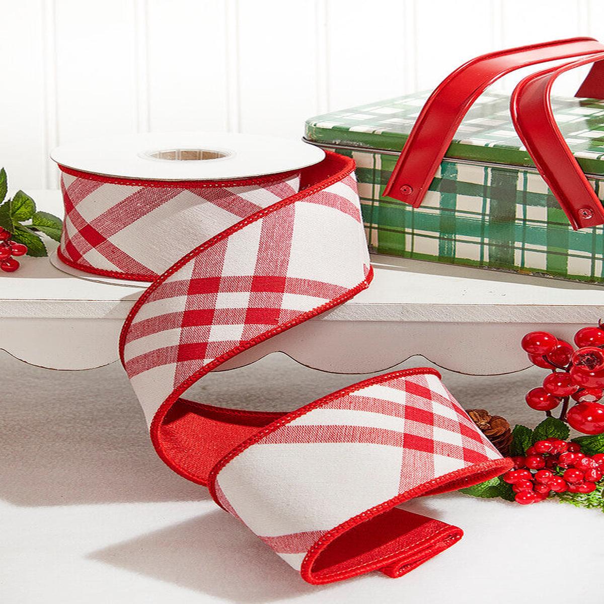 2.5 Inchi x 5 Yard Red/White Plaid Taffeta Back Ribbon Festive Wired Holiday Craft Ribbon