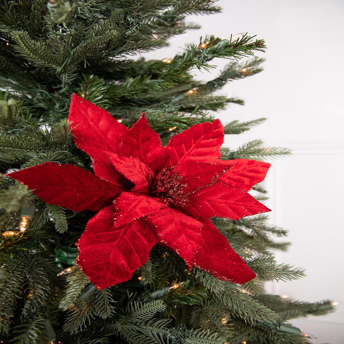 22 Inch x 12.5 Inch Red Velvet Poinsettia Stem