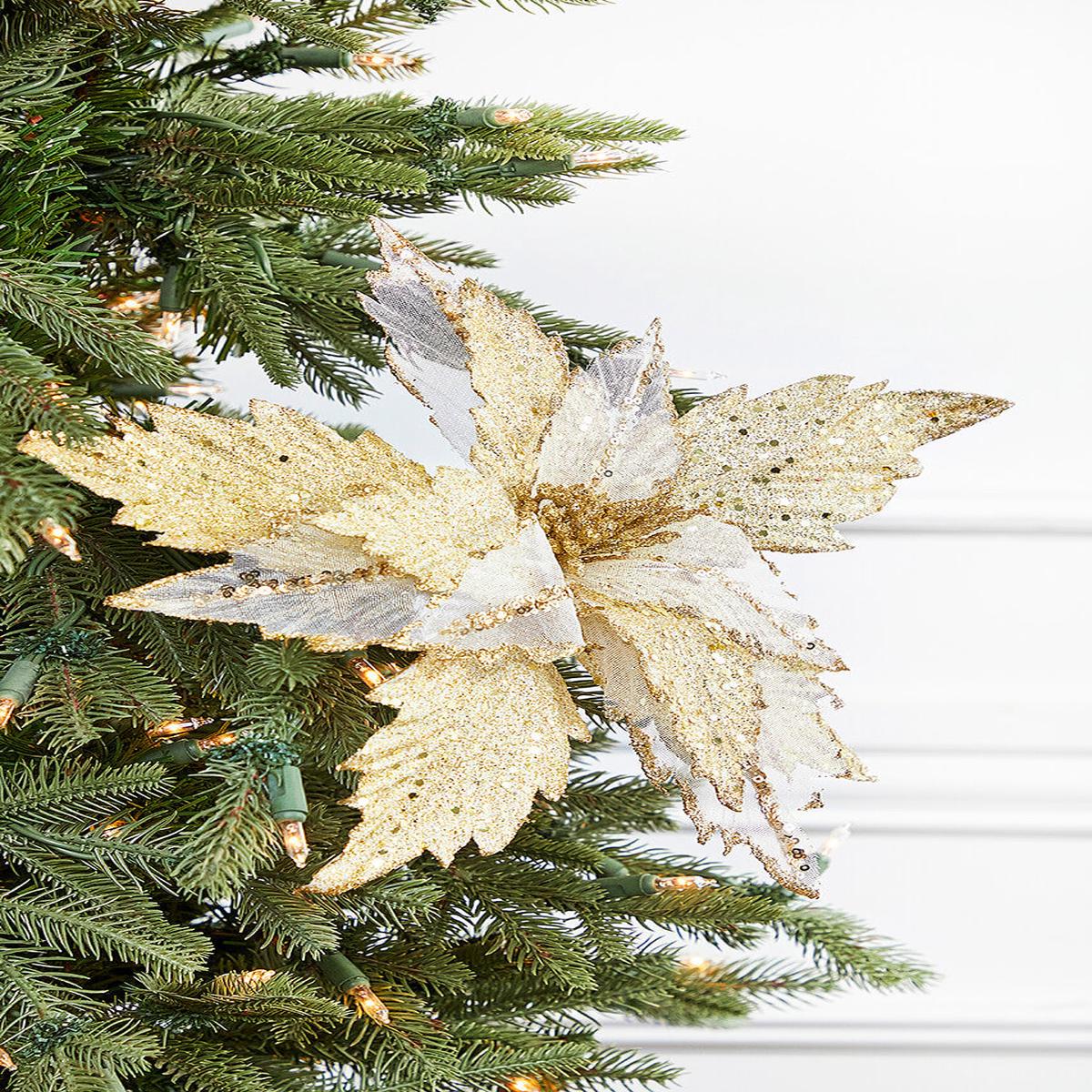 22 Inch x 14 Inch Sheer Glitter Champagne Poinsettia Stem Christmas Decor