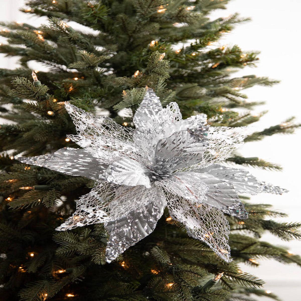 22 Inch x 14 Inch Velvet Sheer Poinsettia Stem  Silver | Luxurious White Christmas Elegance