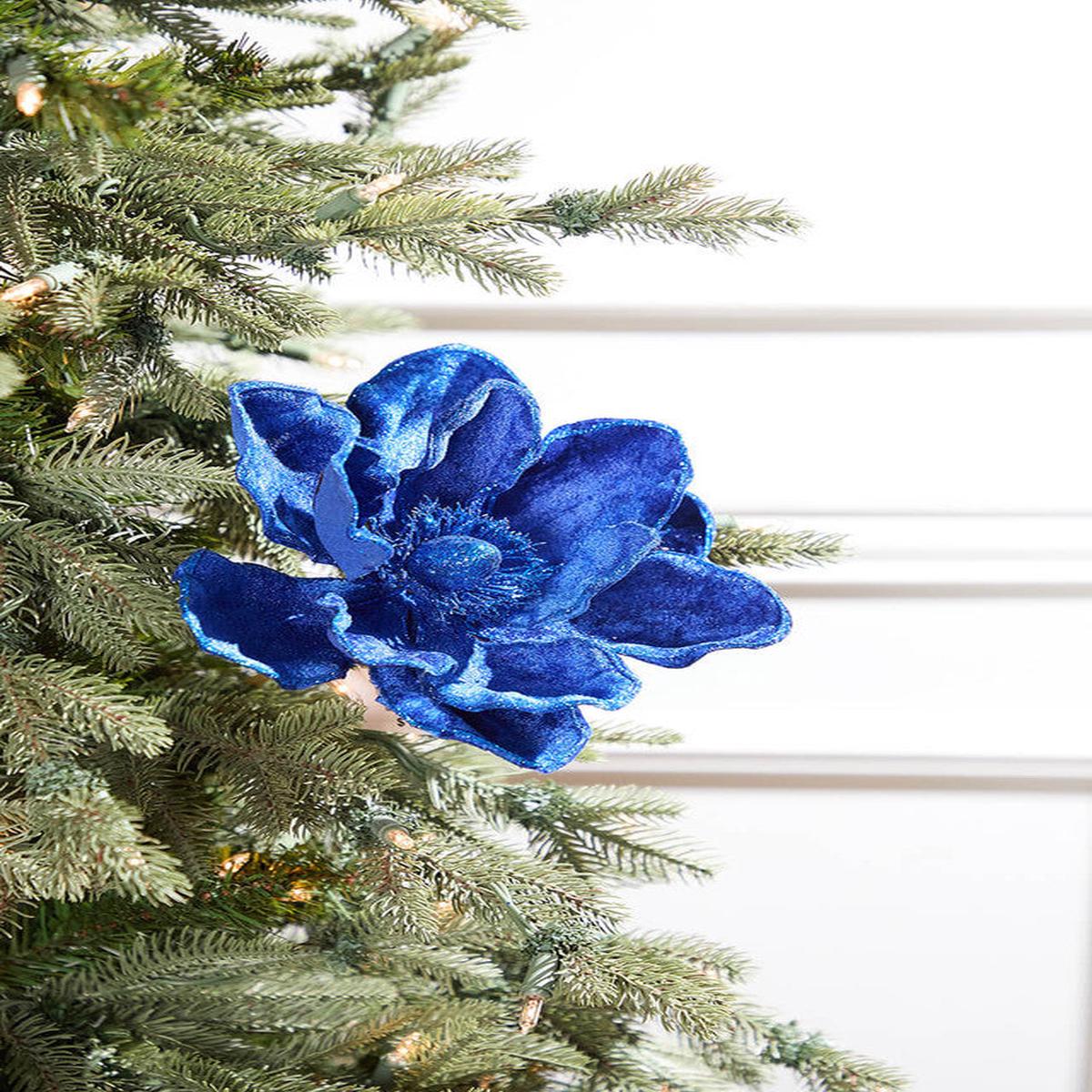 24 Inch Deluxe Velvet Sapphire Magnolia Stem  Luxe Jewel-Toned Elegance for Designer Holiday Dcor