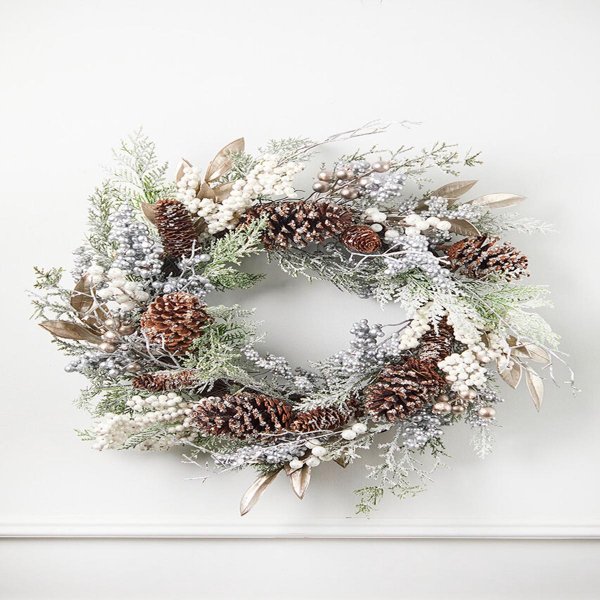 24 Inch Rustic Christmas Wreath Pinecone Metallic Berry Glitter Holiday Door Wall Hanging Seasonal Decor