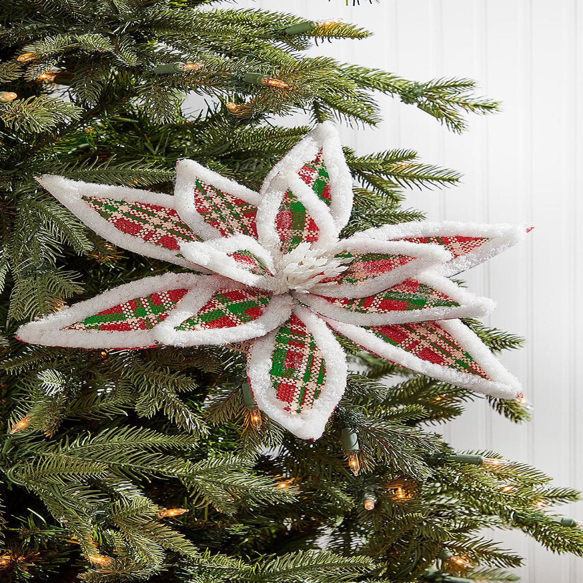 24 Inch x 13 Inch Glitter Fur Edge Plaid Poinsettia Stem