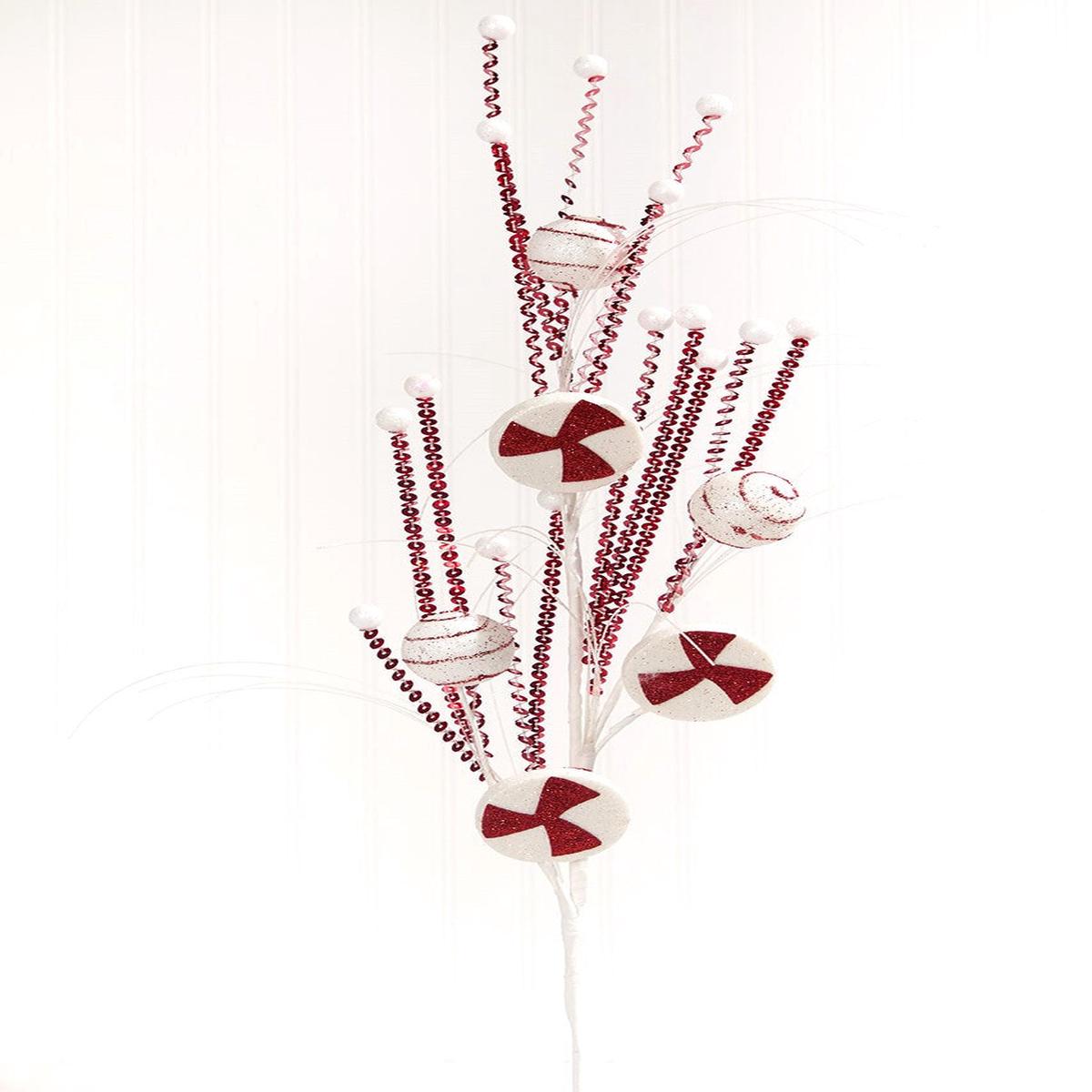 33 Inch Red and White Glitter Peppermint Grass Spray Decorative Christmas Stem
