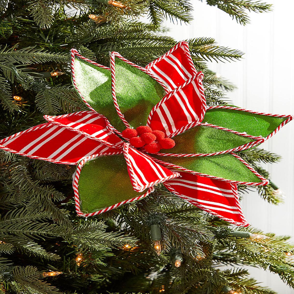 Red Green White Striped Edge Poinsettia Stem 22 Inch Decor