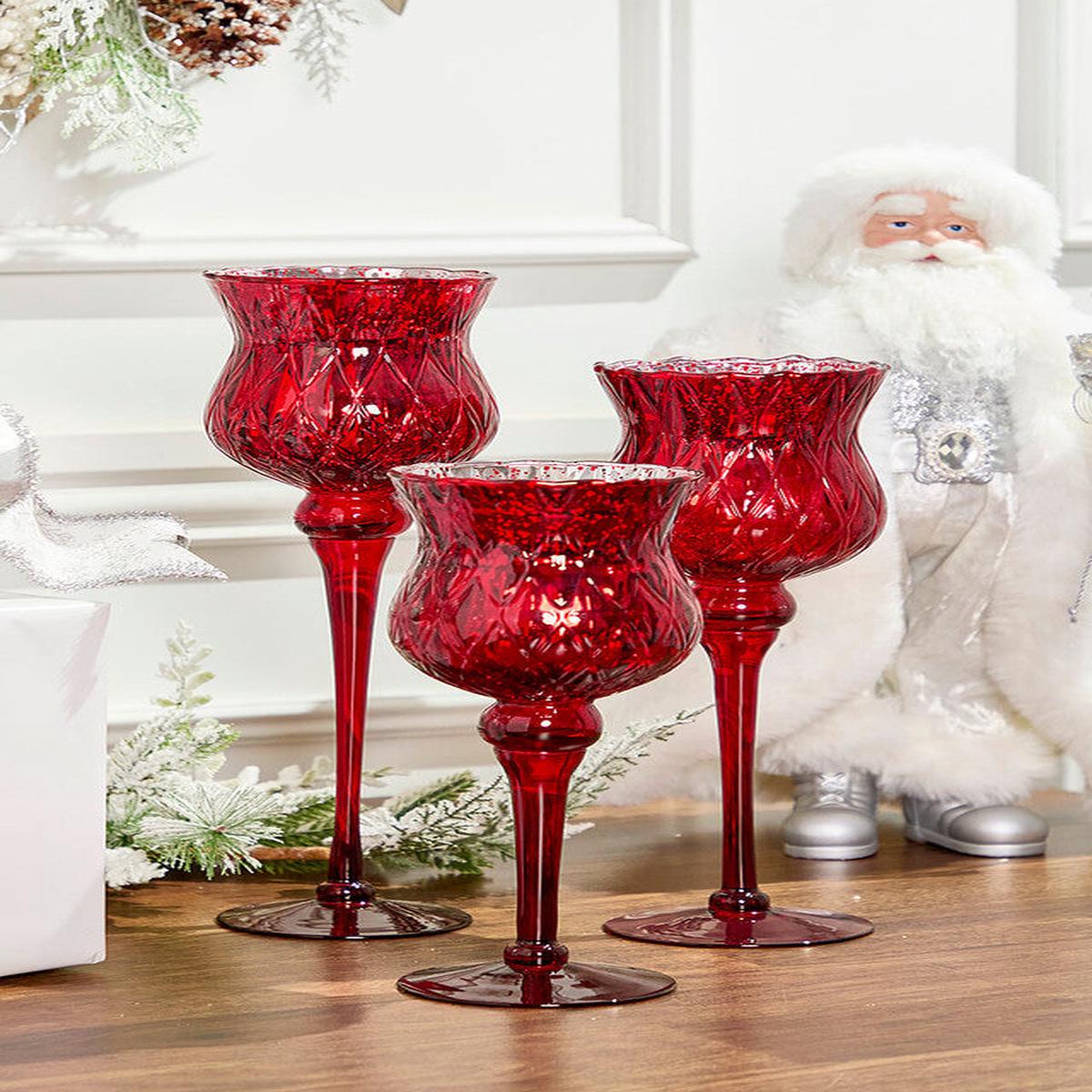 Red Mercury Glass Candle Holders  Set of 3