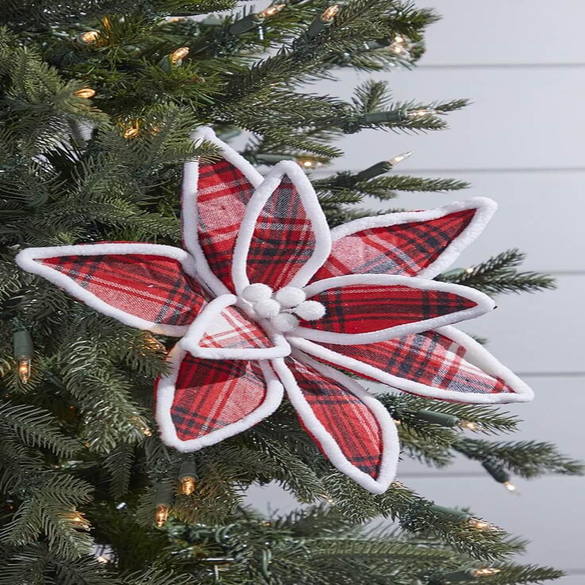 Red White Black Plaid Poinsettia Pick 19 Inch Christmas Decor