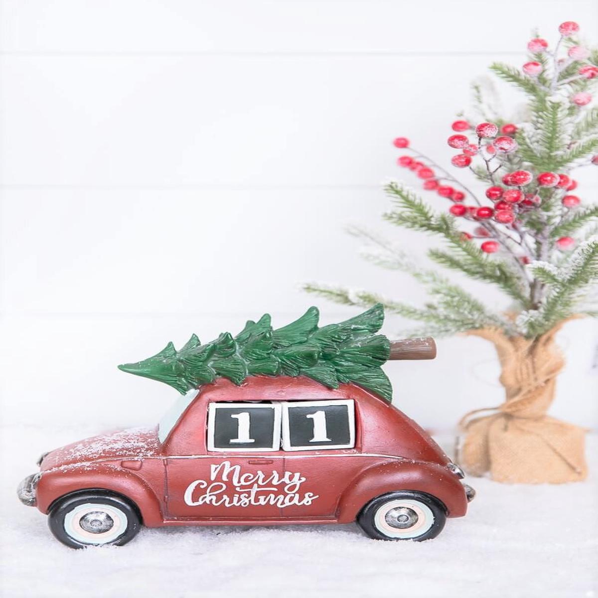 11.5 Inch Resin Countdown Calendar Holiday Truck with Christmas Tree Vintage Style Christmas Decor Tabletop Accent
