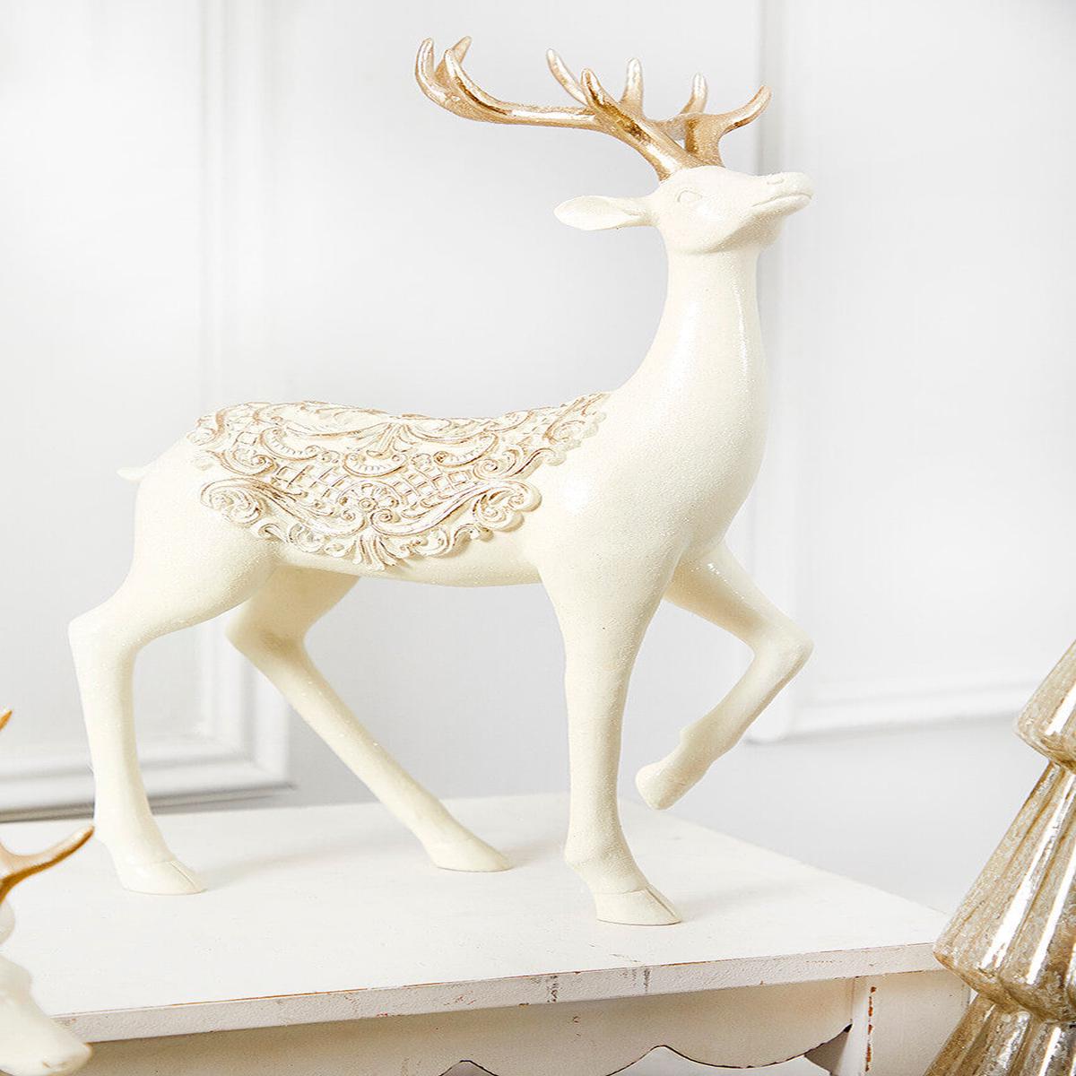 14 Inch Cream Resin Deer with Scroll Saddle Elegant Christmas Holiday Decorative Figurine