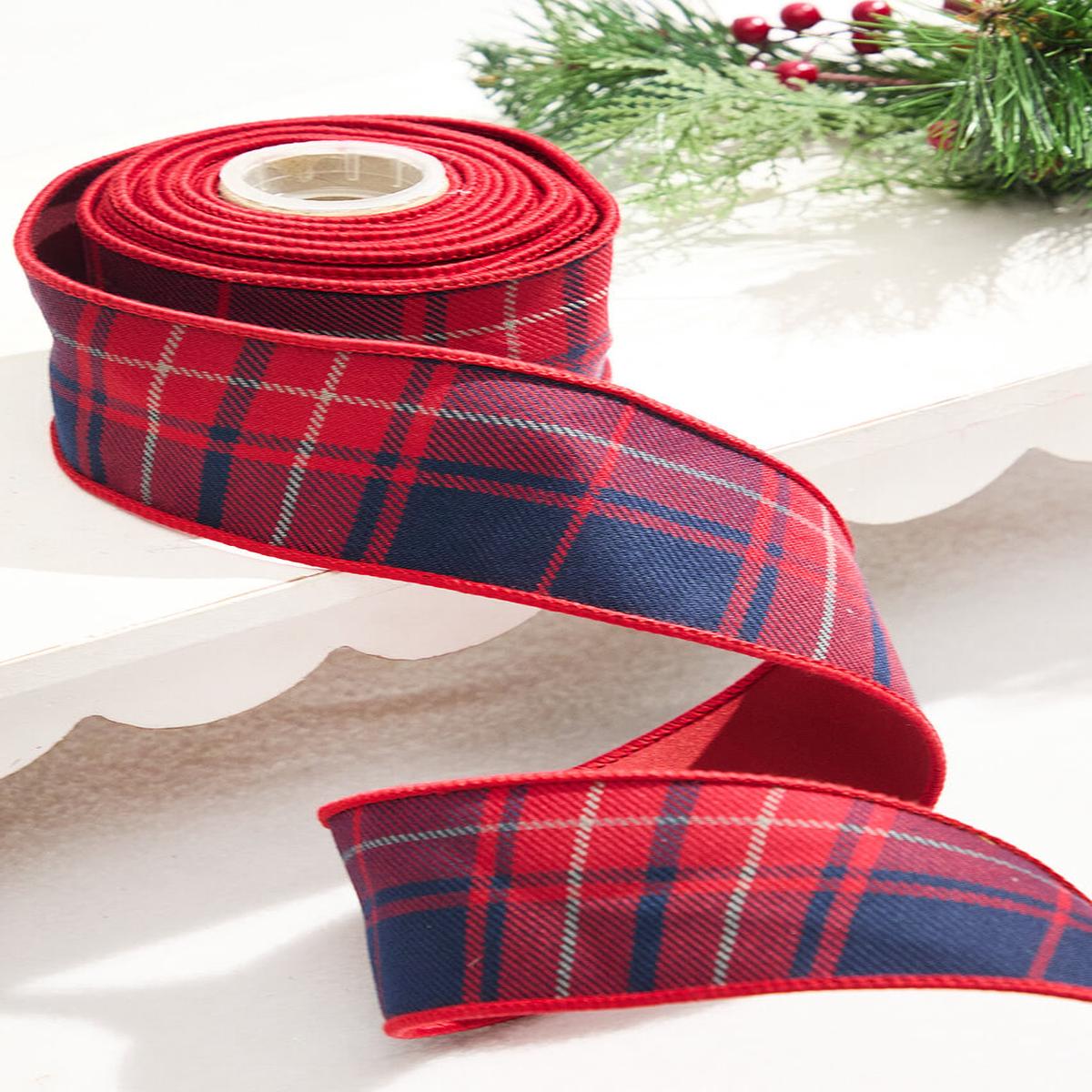 2.5 Inchi x 5 Yard Plaid Check Taffeta Wired Ribbon - Red/Navy Christmas Decor