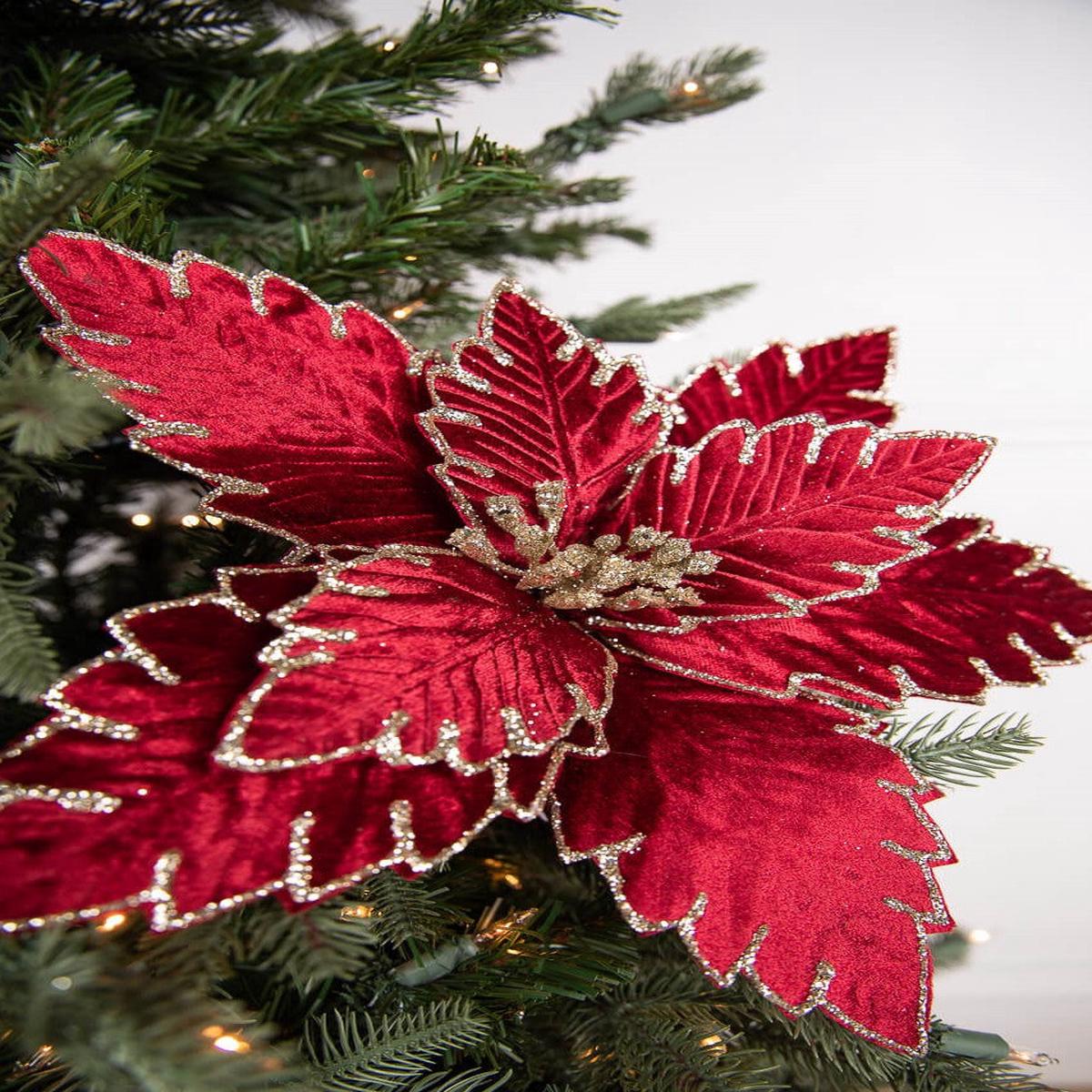 22 Inch x 13.5 Inch Burgundy Poinsettia Stem