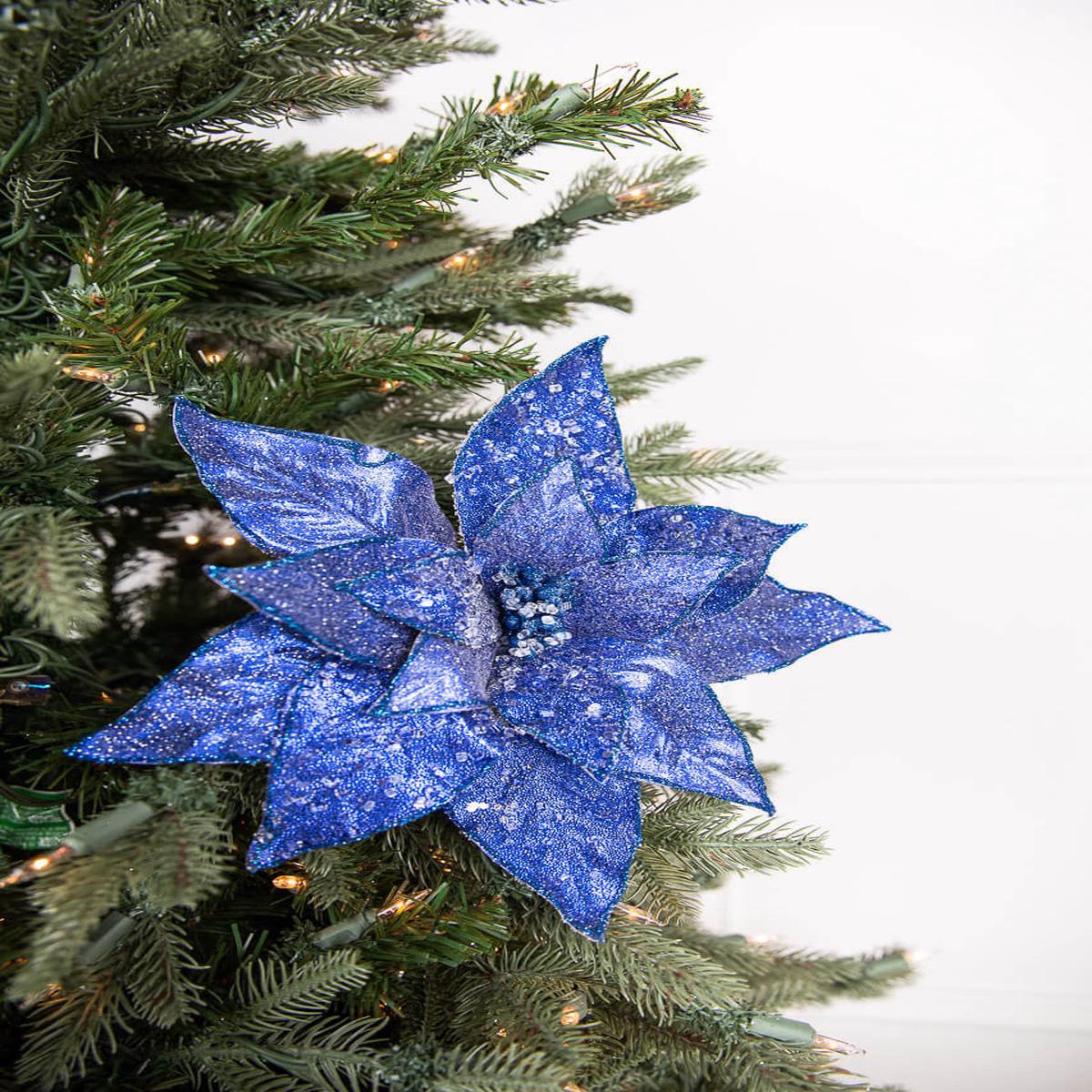 24 Inch Midnight Blue Glitter Iced Poinsettia Stem