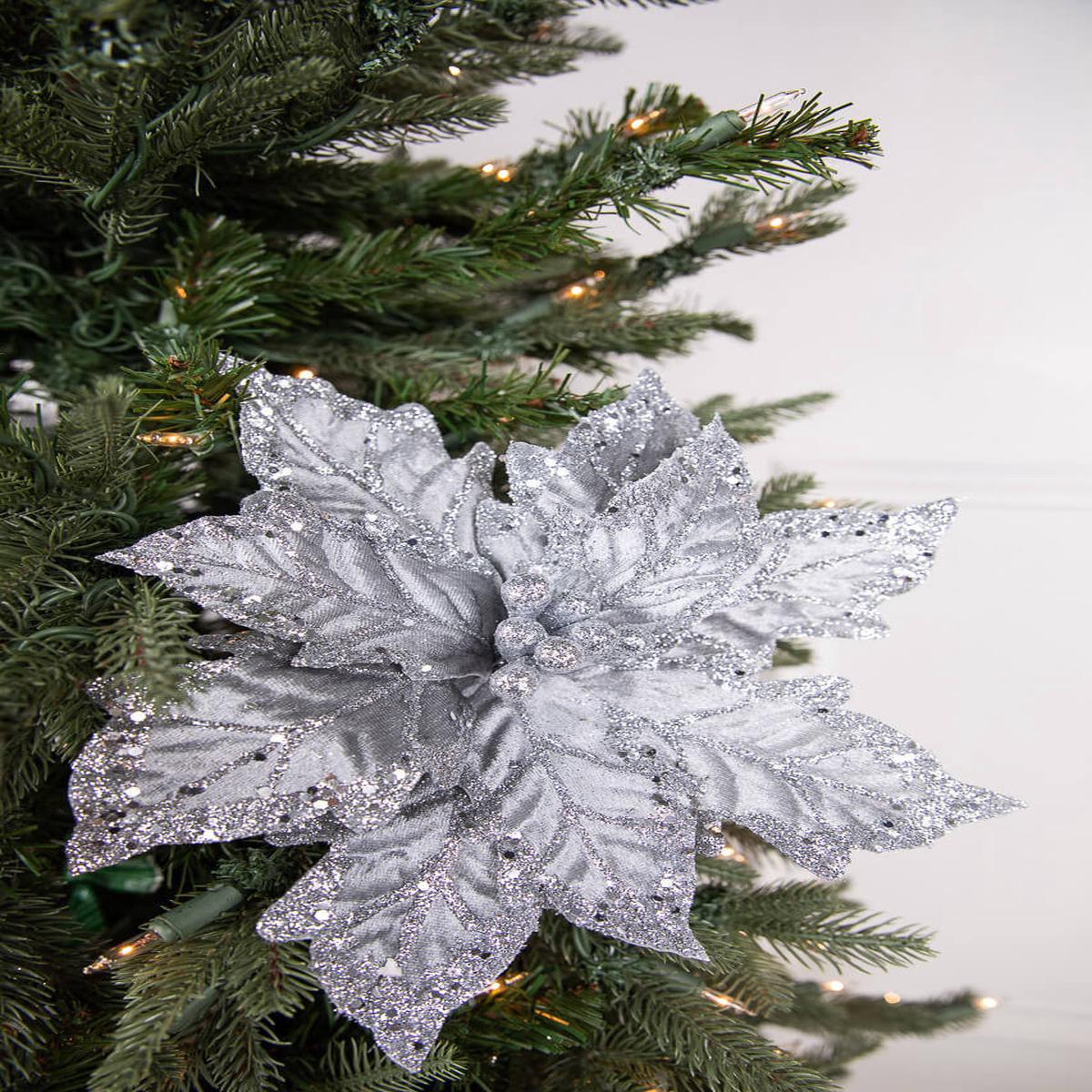24 Inch x 12 Inch Leafy Silver Poinsettia Stem  Statement Luxury Sparkle for Designer Holiday Dcor
