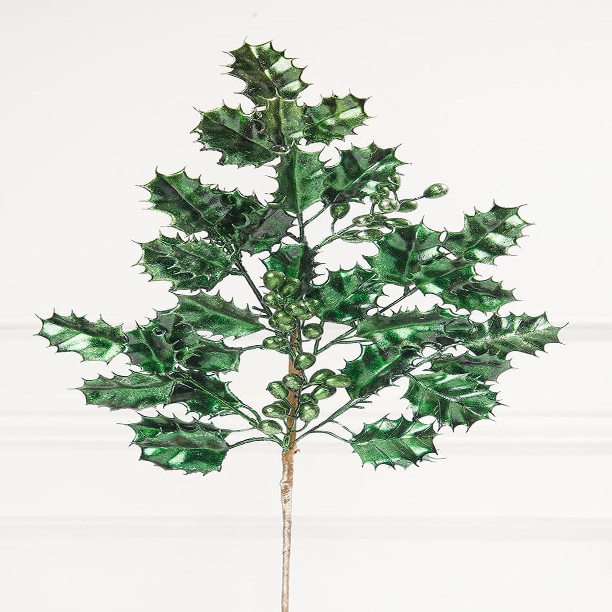 27 Inch Dark Green Metallic Holly Berry Stem
