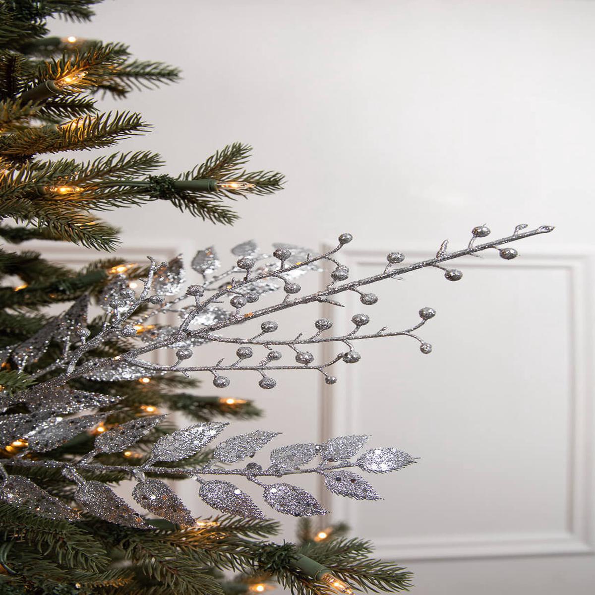 29 Inch Glitter Smilax Berry Spray Silver Decorative Christmas Stem