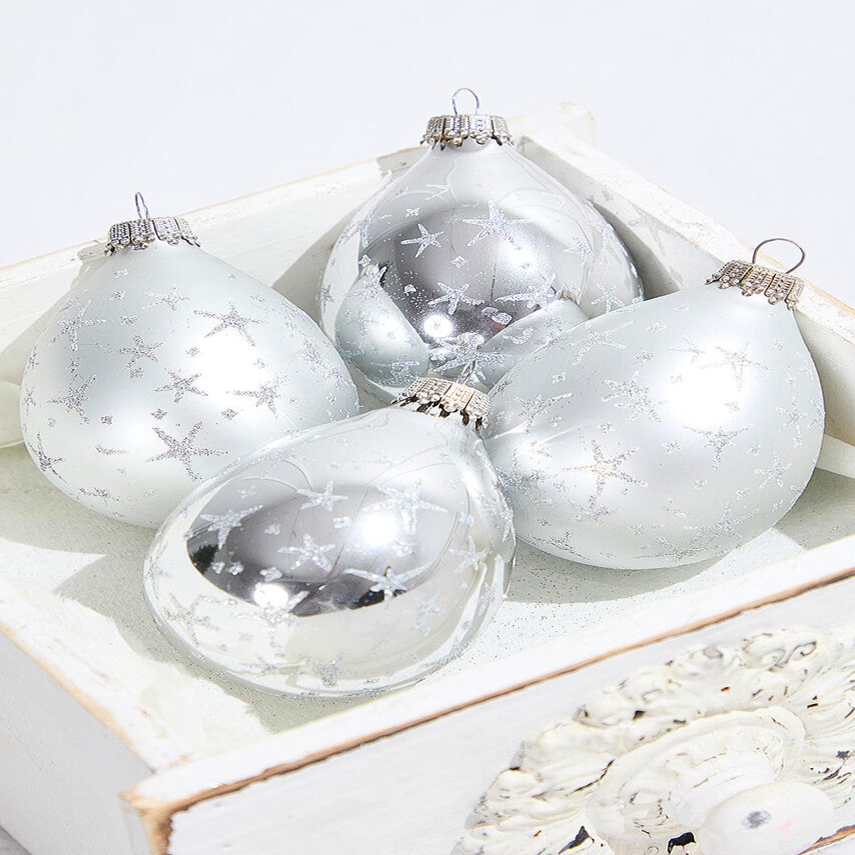 4 Count Glass Drop Bright Silver and Silver Pearl with Silver Stars Christmas Ornament Set