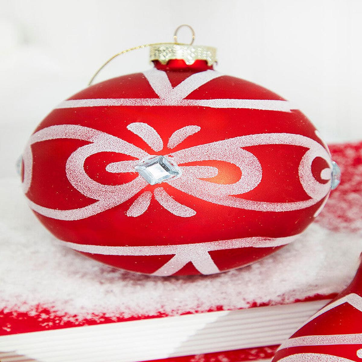 Red and White Swirl Glass Ornament 4 Inch Rhinestone Christmas Decor