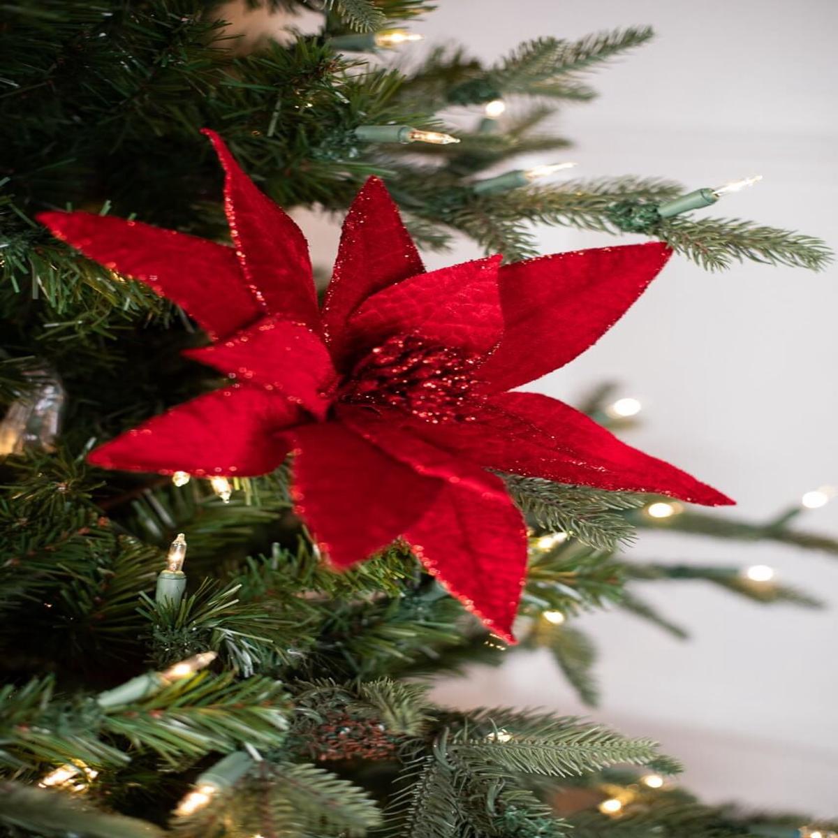 Red Velvet Glitter Edge Poinsettia Stem 24 Inch Christmas Flower