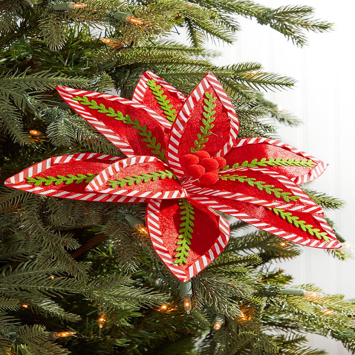 Red White Green Velvet Poinsettia Stem 22 Inch Christmas Decor