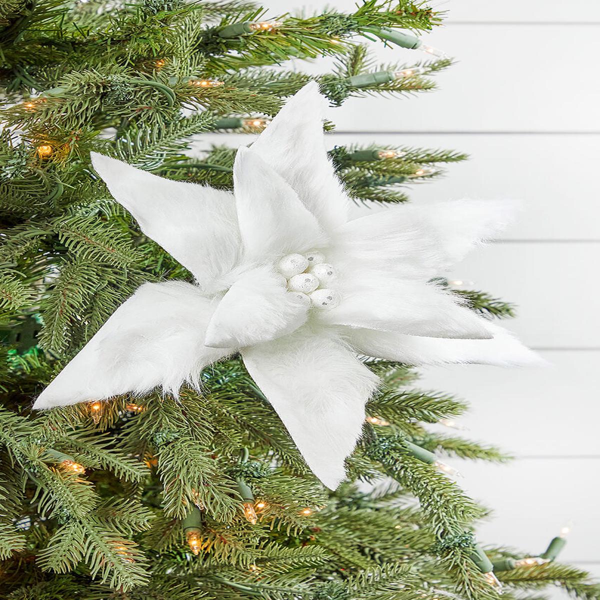 White Fur Jewel Poinsettia Stem 22 Inch Luxury Christmas Decor