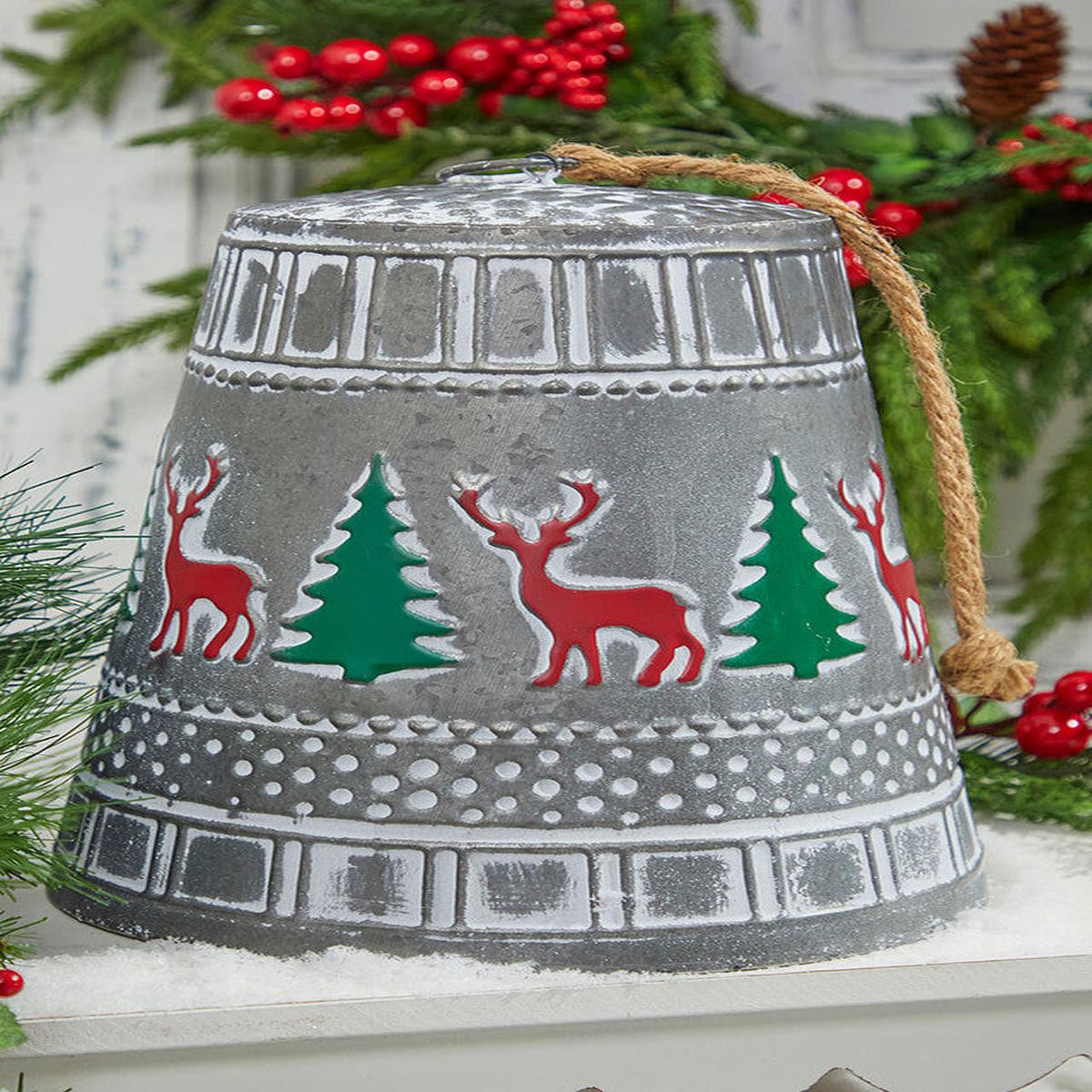 10 Inchi Iron Pressed Bell with Deer & Tree Detail Rustic Farmhouse Christmas Decor