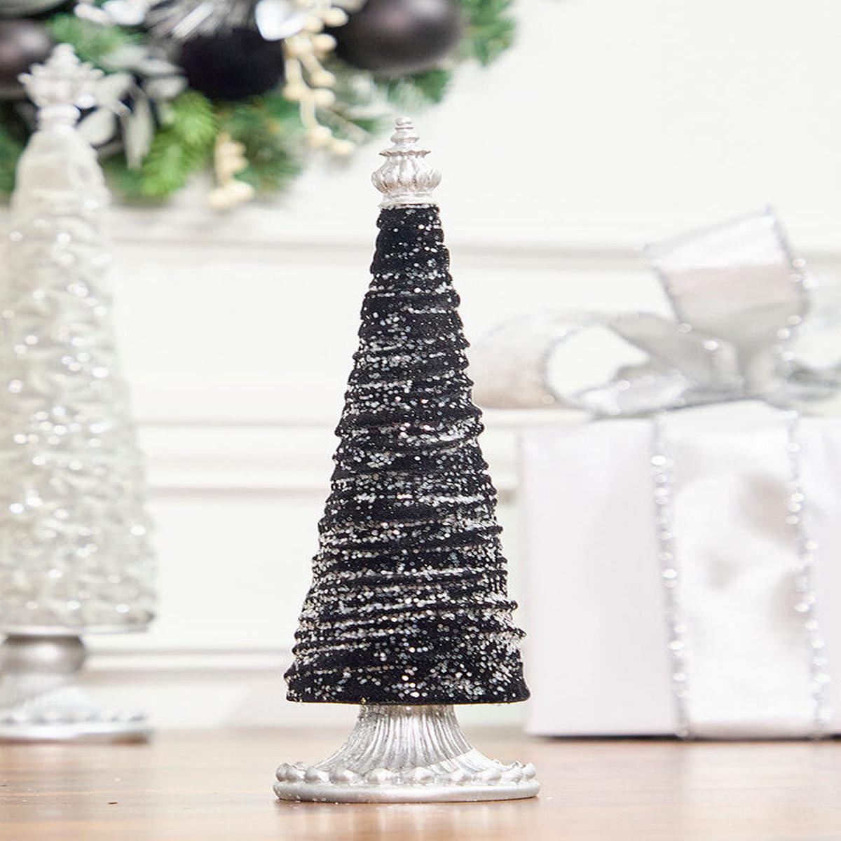14-Inch Black Flocked Resin Tree Modern Holiday Decor