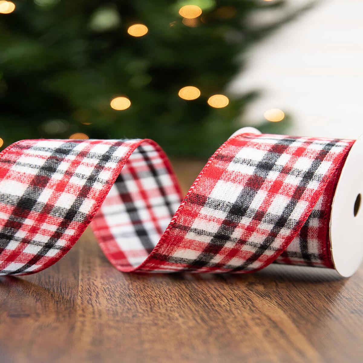 2.5 Inchi x 10 Yard White/Red/Black Plaid Wired Ribbon Christmas Holiday Decor