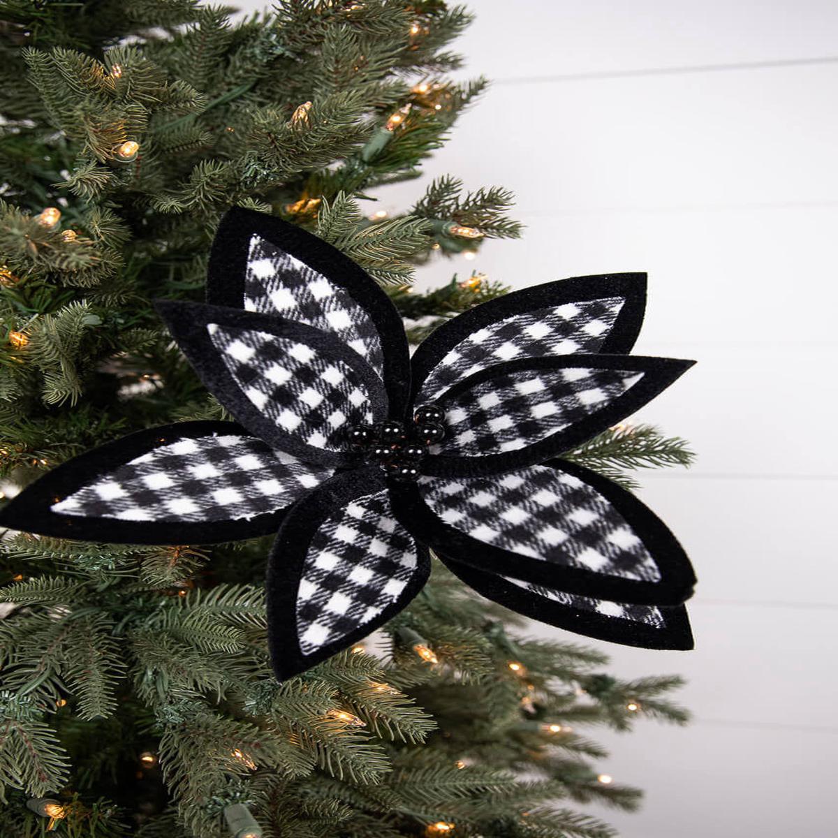 21 Inch x 12 Inch Black and White Plaid Poinsettia Stem with Black Berries