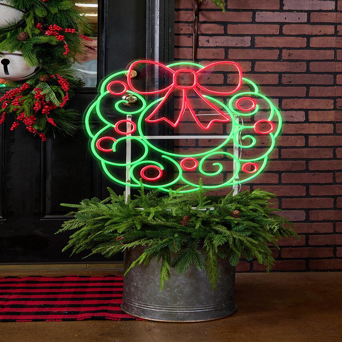 23 Inch Wreath With Swirl Lit Neon Metal Yard Stake Christmas Outdoor Holiday Dcor