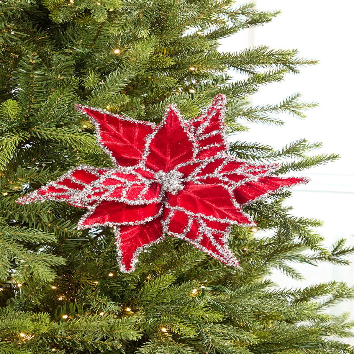 24 Inch Tinsel Edge Velvet Poinsettia Stem  Red & Silver Glam for Festive Holiday Dcor