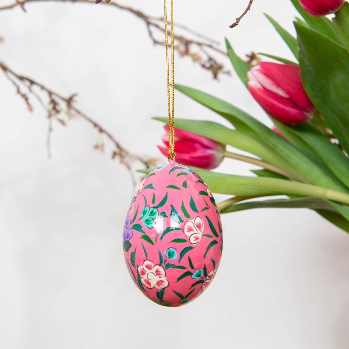 Pink Floral Wooden Egg Decoration [Hand Painted]