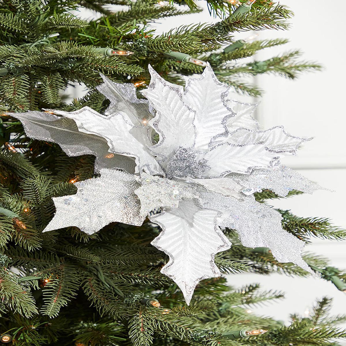 Platinum Velvet Sheer Sequin Poinsettia Stem 21 Inch Decor