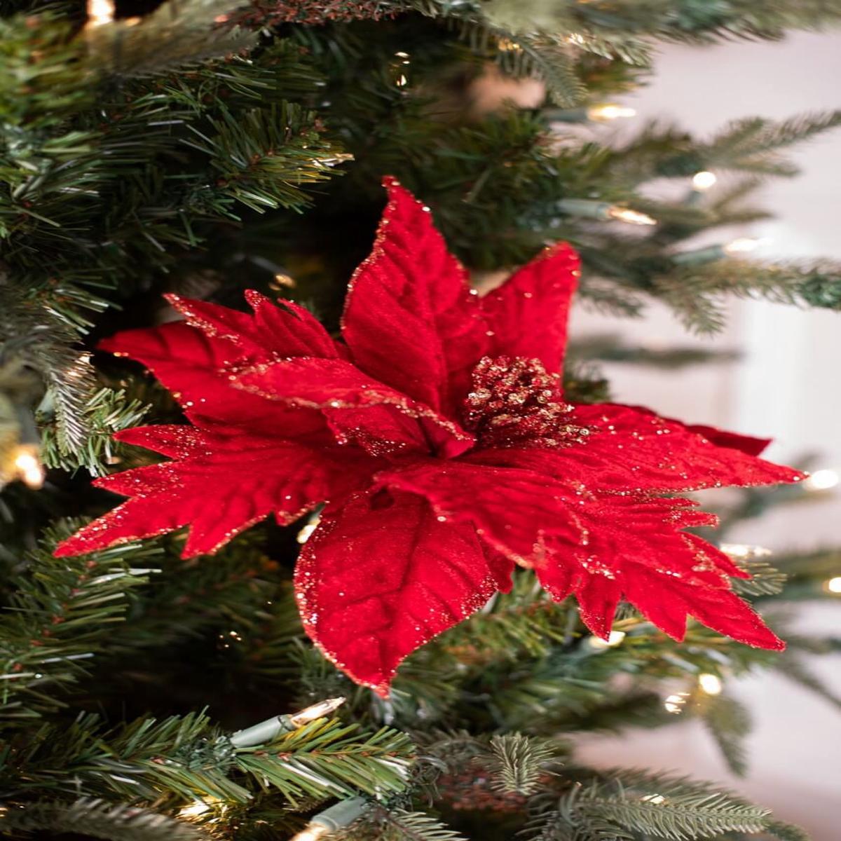 Red Velvet Gold Glitter Poinsettia Stem 20 Inch Christmas Decor