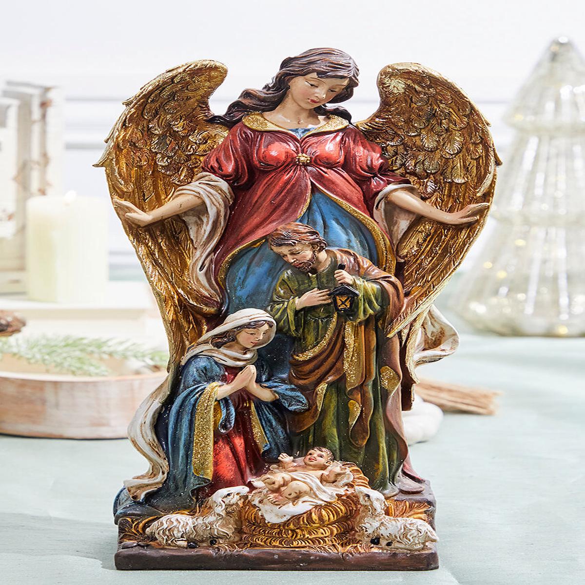 Resin Nativity Figurine With Angel 13.5Inch Christmas Decor