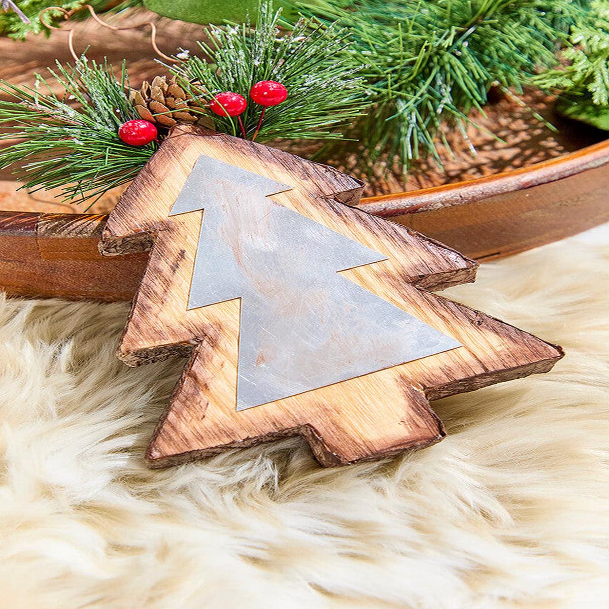 Rustic Wooden Metal Christmas Tree Hanging Ornament 7 Inch Decor