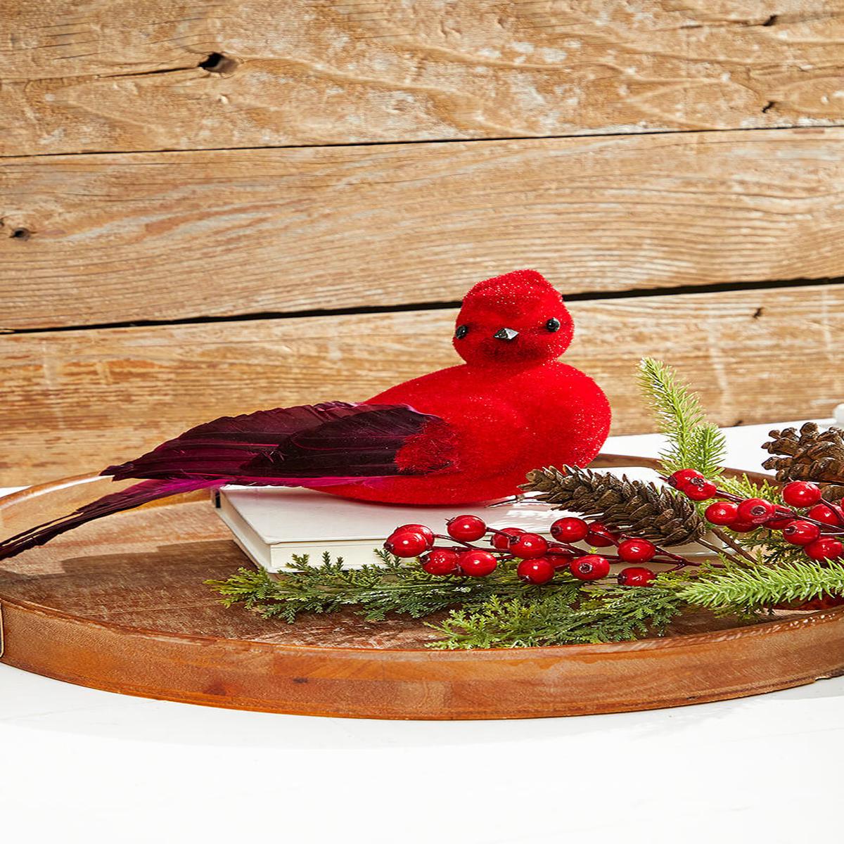 Velvet Cardinal Clip Ornament 13 Inch Red Feather Christmas Decor